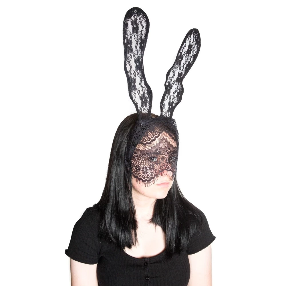 Large Black Lace/ Veil Bunny Headband 4 Large Black Lace/ Veil Bunny Headband - Image 2