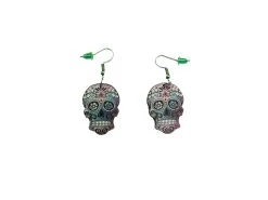 Sugar Skull Classic Skeleton Print Drawing Earrings With Purple Pink Colours