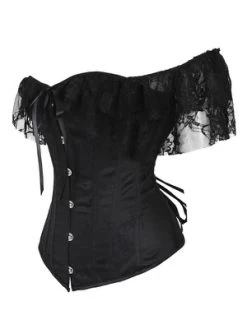 Nicolette – Black Overbust Corset With Lace Shoulder Sleeve