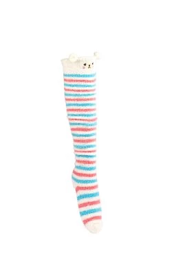 Furry Over The Knee Animal Socks- White/Blue/Salmon