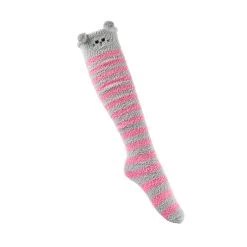 Furry Face Grey And Dark Pink Stripe Socks