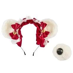 Teddy Bear Ear With Tail Moggy Headband – White/Red