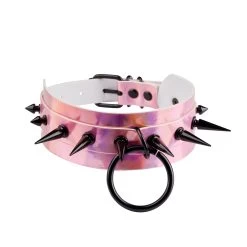 Pink Wide Hologram Choker With Black Spikes/Ring