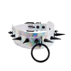 Silver Wide Hologram Choker With Black Spikes/Ring