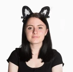 Black Lace Cat Headband With Bells