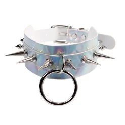 Silver Wide Hologram Choker With Spikes And Ring